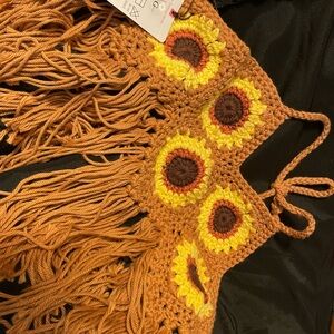 Crochet Sunflower Fringe Crop Top - Mustard Yellow